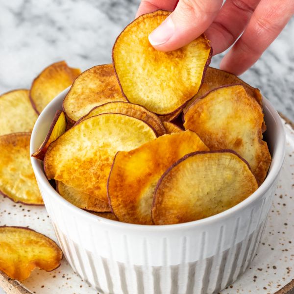 Chips de Batata Doce com Pimenta Caiena e Sal Rosa do Himalaia 100g.  -  A Granel